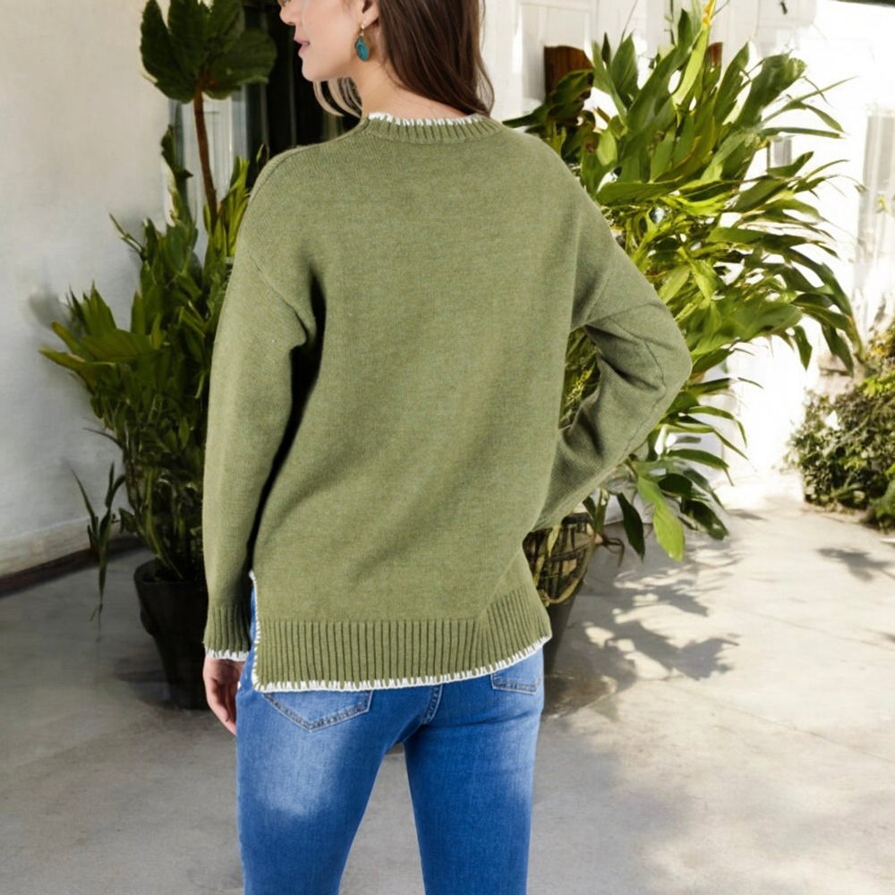 Crew Neck Long Sleeve Knit Sweater with Contrast Trim and Ribbed Hem