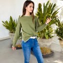 Beige Small Crew Neck Long Sleeve Knit Sweater with Contrast Trim and Ribbed Hem