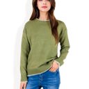 Green Large Crew Neck Long Sleeve Knit Sweater with Contrast Trim and Ribbed Hem