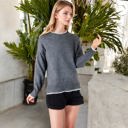 Green Large Crew Neck Long Sleeve Knit Sweater with Contrast Trim and Ribbed Hem