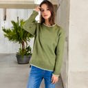 Green Small Crew Neck Long Sleeve Knit Sweater with Contrast Trim and Ribbed Hem