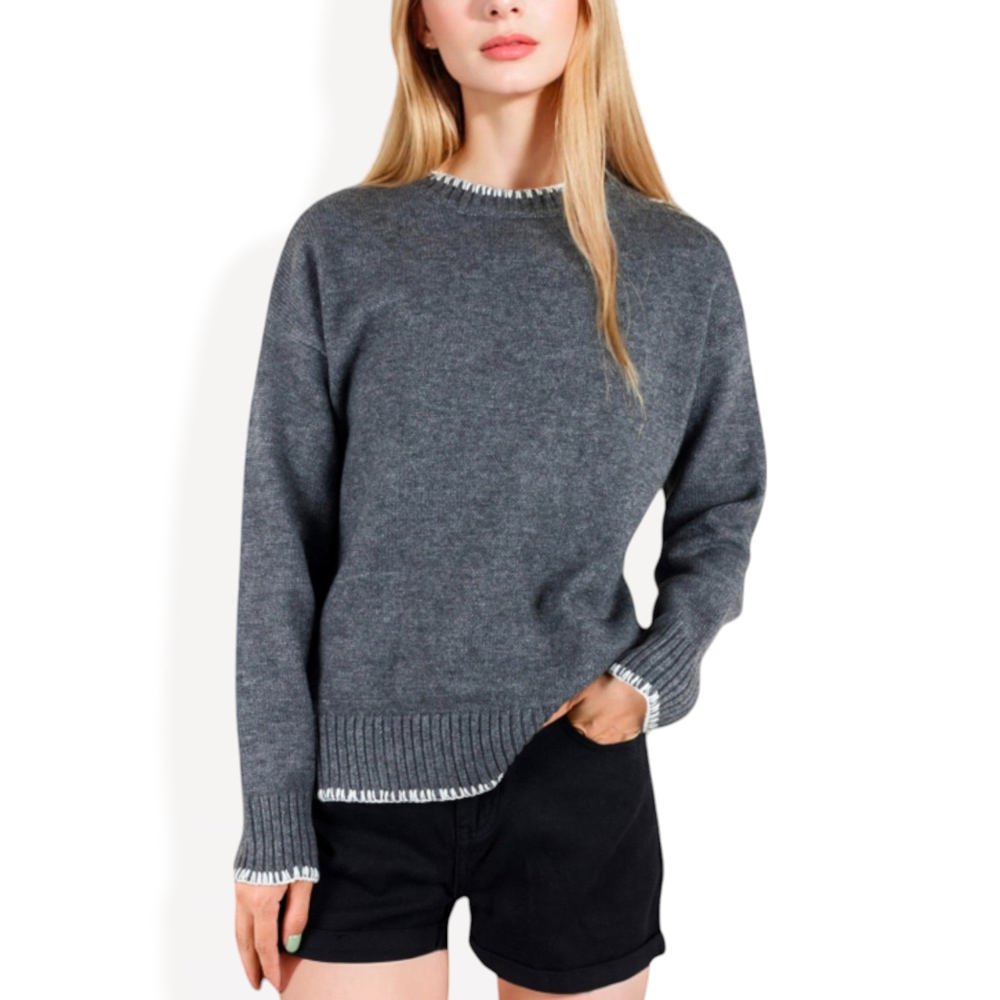 Crew Neck Long Sleeve Knit Sweater with Contrast Trim and Ribbed Hem