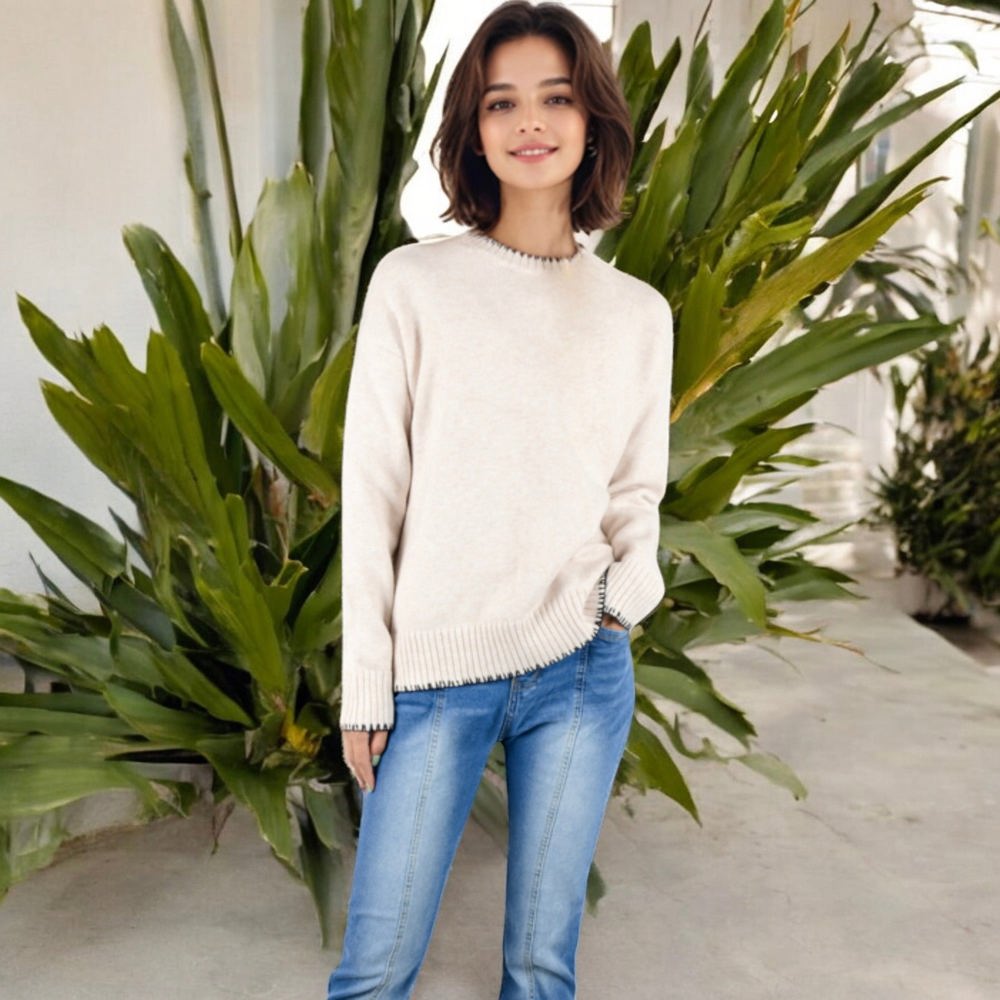 Crew Neck Long Sleeve Knit Sweater with Contrast Trim and Ribbed Hem