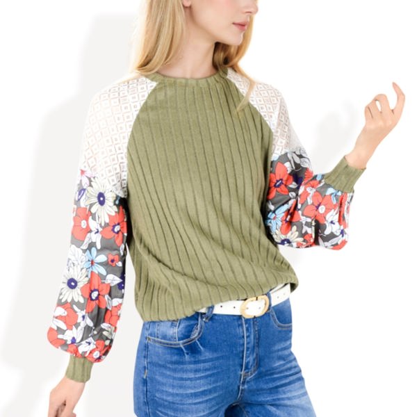 Ribbed Knit Top with Floral Balloon Sleeves and Lace Shoulder Details