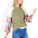  Ribbed Knit Top with Floral Balloon Sleeves and Lace Shoulder Details