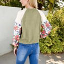 Green Large Ribbed Knit Top with Floral Balloon Sleeves and Lace Shoulder Details