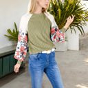 Green Large Ribbed Knit Top with Floral Balloon Sleeves and Lace Shoulder Details