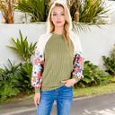 Green Medium Ribbed Knit Top with Floral Balloon Sleeves and Lace Shoulder Details