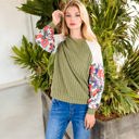 Green Medium Ribbed Knit Top with Floral Balloon Sleeves and Lace Shoulder Details