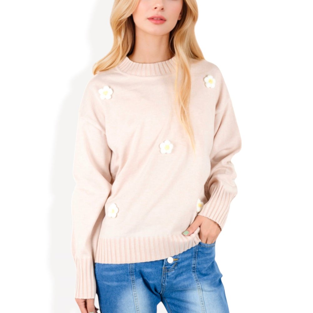 Knit Pullover Sweater with Embroidered 3D Floral Appliques