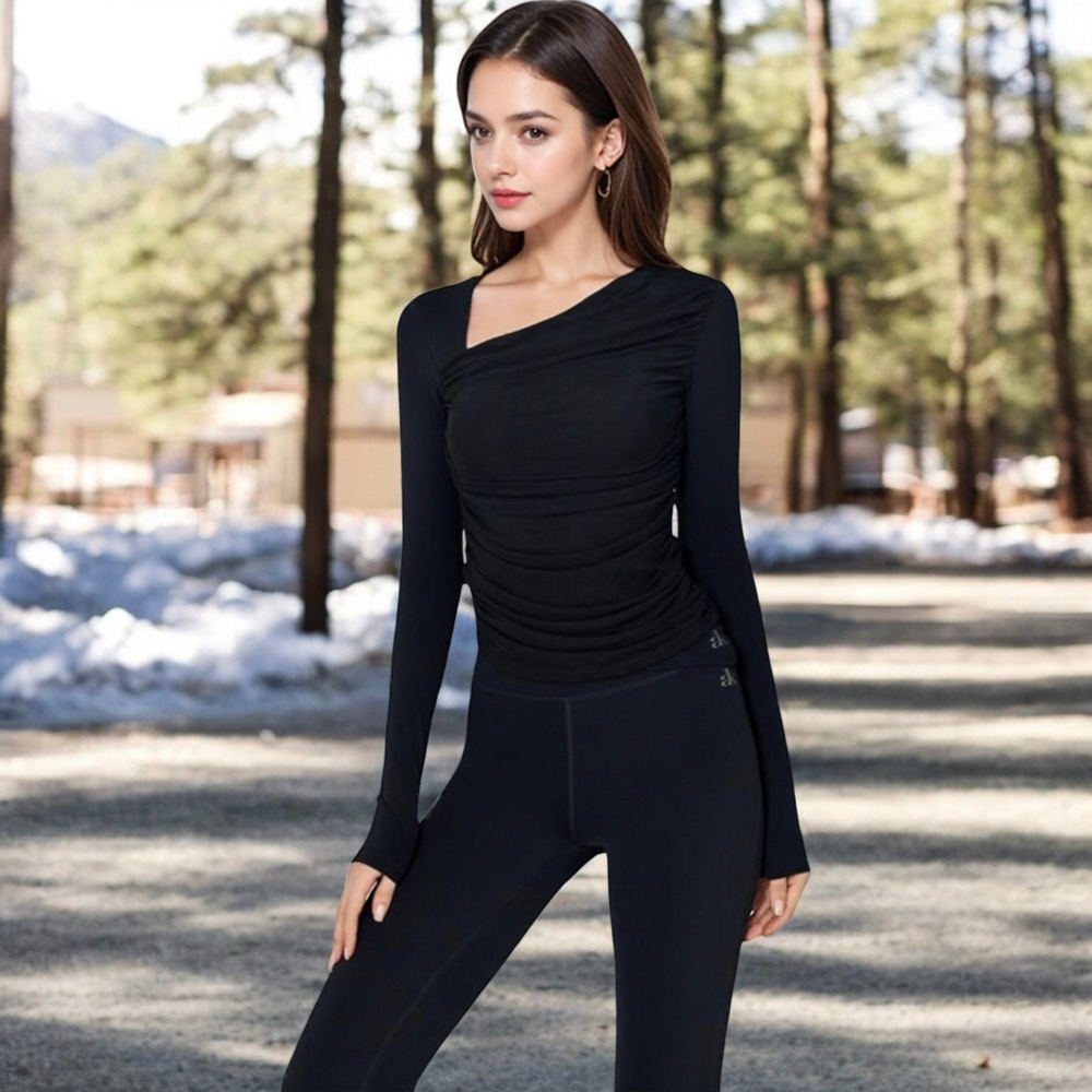 One-Shoulder Long Sleeve Top with Ruched Front Detail