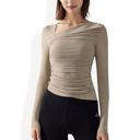 Beige Large One-Shoulder Long Sleeve Top with Ruched Front Detail