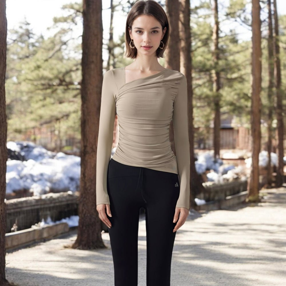 One-Shoulder Long Sleeve Top with Ruched Front Detail