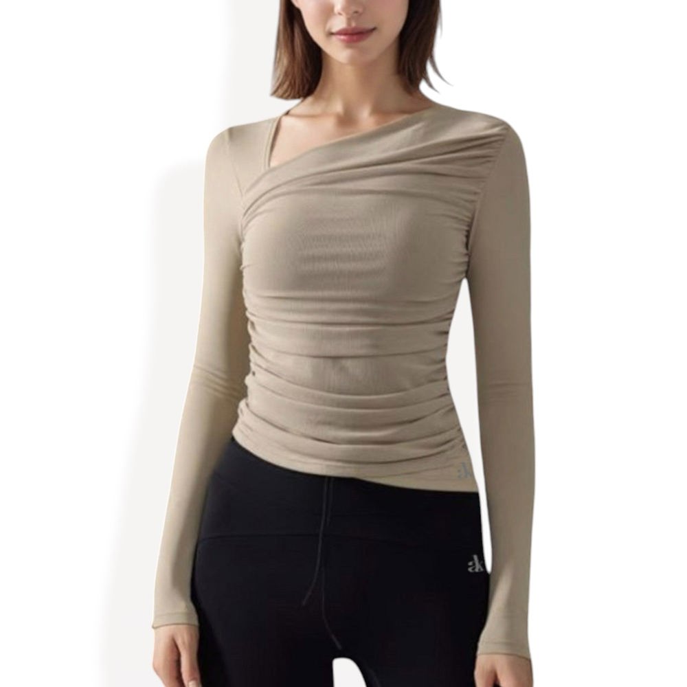 One-Shoulder Long Sleeve Top with Ruched Front Detail