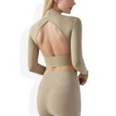 Beige Large Long Sleeve Crop Top with Open Back and High Neck