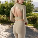 Beige Large Long Sleeve Crop Top with Open Back and High Neck