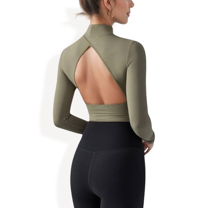 Long Sleeve Crop Top with Open Back and High Neck