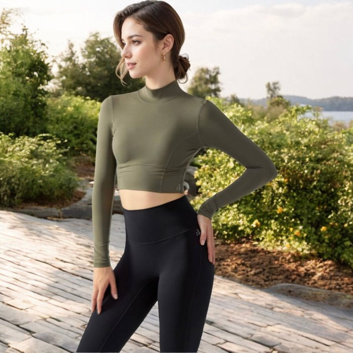 Long Sleeve Crop Top with Open Back and High Neck