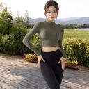 Green Large Long Sleeve Crop Top with Open Back and High Neck