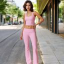 Pink Large Square Neck Ribbed Crop Tank Top with Wide Straps