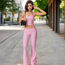 Pink Large Square Neck Ribbed Crop Tank Top with Wide Straps