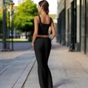 Black Large Foldover Waist Flare Leg Yoga Pants in Ribbed Knit