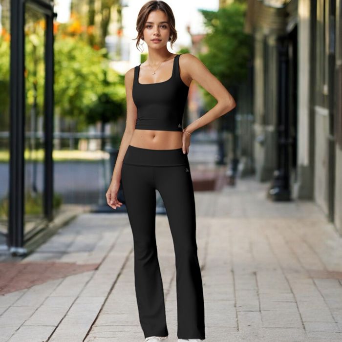 Foldover Waist Flare Leg Yoga Pants in Ribbed Knit