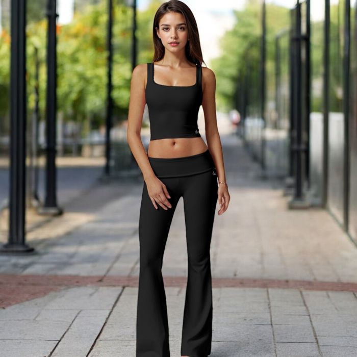 Foldover Waist Flare Leg Yoga Pants in Ribbed Knit