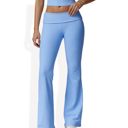 Blue Large Foldover Waist Flare Leg Yoga Pants in Ribbed Knit