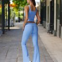 Blue Large Foldover Waist Flare Leg Yoga Pants in Ribbed Knit