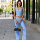 Blue Small Foldover Waist Flare Leg Yoga Pants in Ribbed Knit