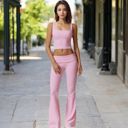 Pink Small Foldover Waist Flare Leg Yoga Pants in Ribbed Knit