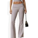 Beige Large Foldover Waist Flare Leg Yoga Pants in Ribbed Knit