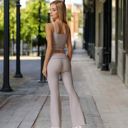 Beige Large Foldover Waist Flare Leg Yoga Pants in Ribbed Knit