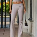 Beige Large Foldover Waist Flare Leg Yoga Pants in Ribbed Knit