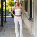 White Large Foldover Waist Flare Leg Yoga Pants in Ribbed Knit