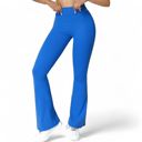 Blue Large Women's High Waist Flare Leg Pants with Stretch Fabric