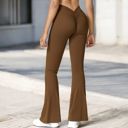 Brown Large Women's High Waist Flare Leg Pants with Stretch Fabric