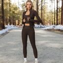 Brown Large High Waist Full Length Leggings with Ribbed Waistband