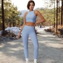 Blue Large High Waist Full Length Leggings with Ribbed Waistband