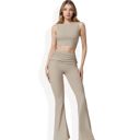 Beige Large Flared High Waist Pants and Cropped Tank Top Activewear Set