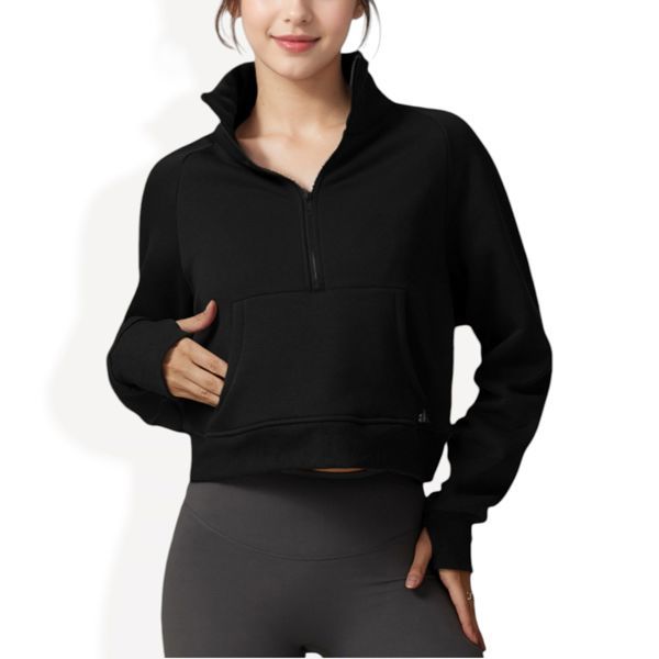 Cropped Half-Zip Pullover Hoodie with Front Pocket