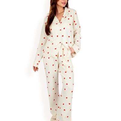 Heart Print 2-Piece Pajama Set with Long Sleeve Button-Up Top and Relaxed Fit Pants