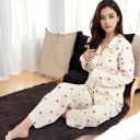 White Large Heart Print 2-Piece Pajama Set with Long Sleeve Button-Up Top and Relaxed Fit Pants