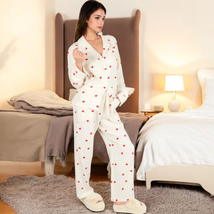 Heart Print 2-Piece Pajama Set with Long Sleeve Button-Up Top and Relaxed Fit Pants