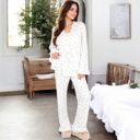 White Medium Women's Heart Print 3-Piece Pajama Set with Ruffled Trim