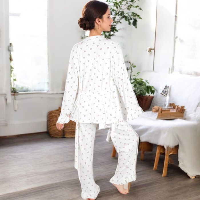 Women's Heart Print 3-Piece Pajama Set with Ruffled Trim