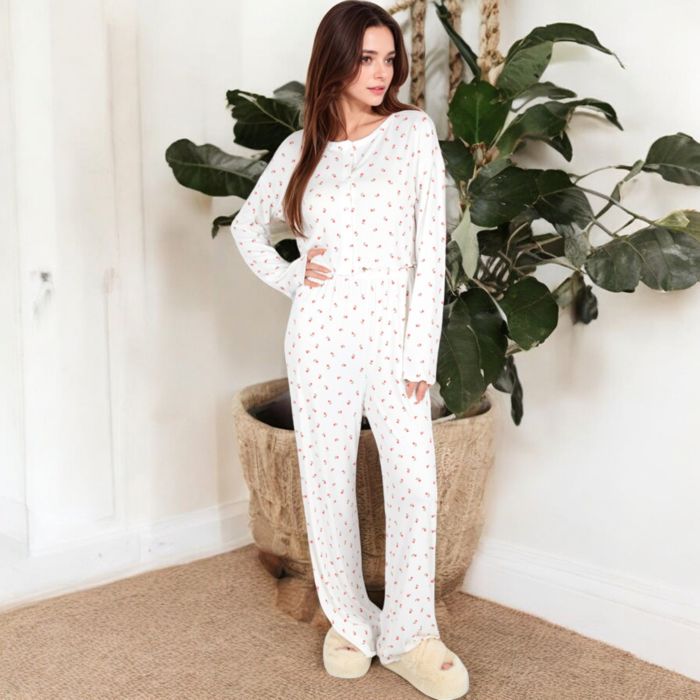 Women's Floral Print 2-Piece Pajama Set with Long Sleeve Top and Elastic Waist Relaxed Fit Pants