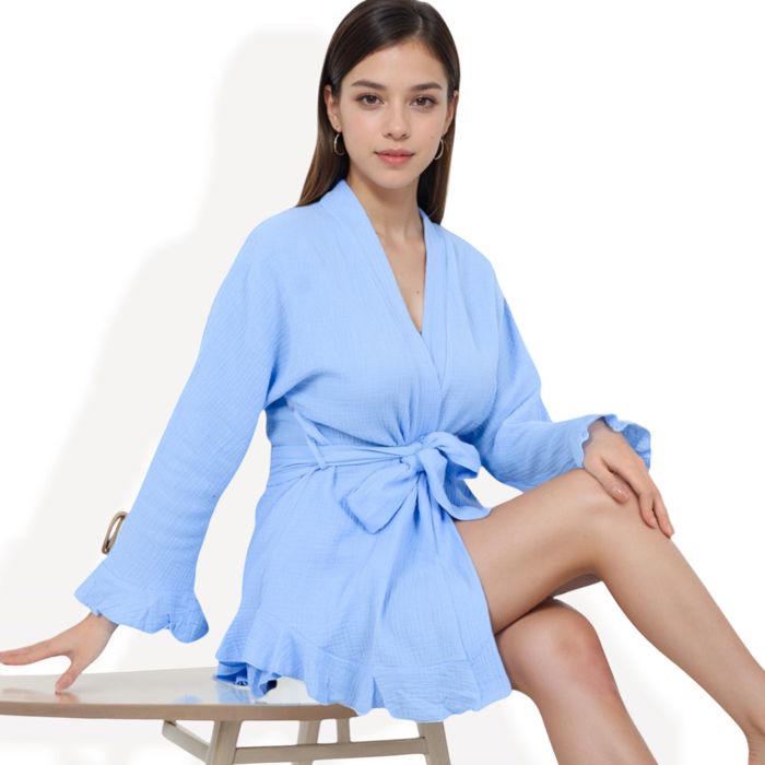 Wrap Tie Front Night Robe and Ruffle Shorts 2-Piece Set