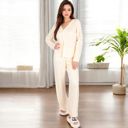 Brown Large Women's Solid Color 2-Piece Pajama Set with Long Sleeve V-Neck Top and Relaxed Fit Wide-Leg Pants